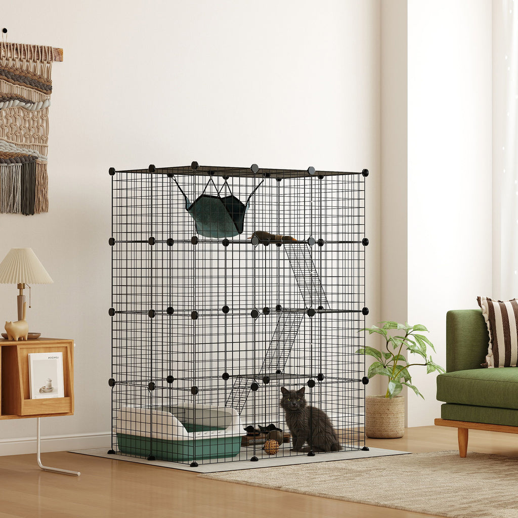 Narvas katėms 140 cm, 4 aukštų, iš 49 plokščių, su 5 durelėmis, hamaku, rampomis ir platformomis, juodas