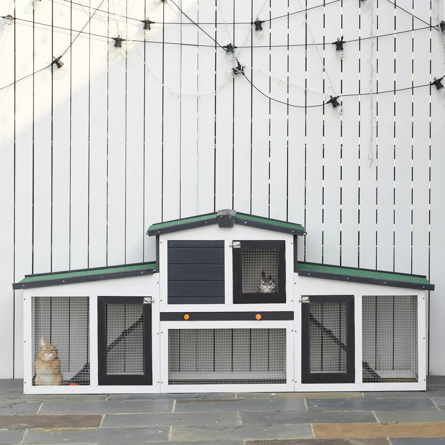 Voljeras smulkiems gyvūnams su 2 lauko aptvarais, atsparus oro sąlygoms, eglės mediena, balta + žalia