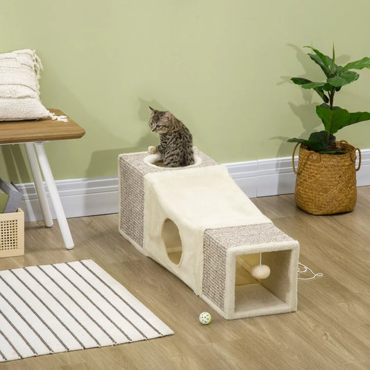 Cat tunnel, 2 cat houses, scratching surfaces and ball toy, 98 cm x 30 cm x 30 cm, Brown + Beige