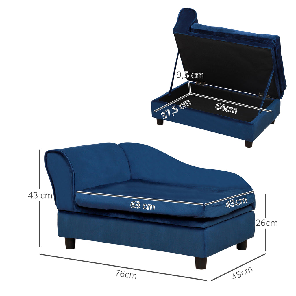 Sofa šunims ir katėms su daiktadėže ir pagalvėle, pliušinė, iki 15 kg, 76x45x43 cm, mėlyna