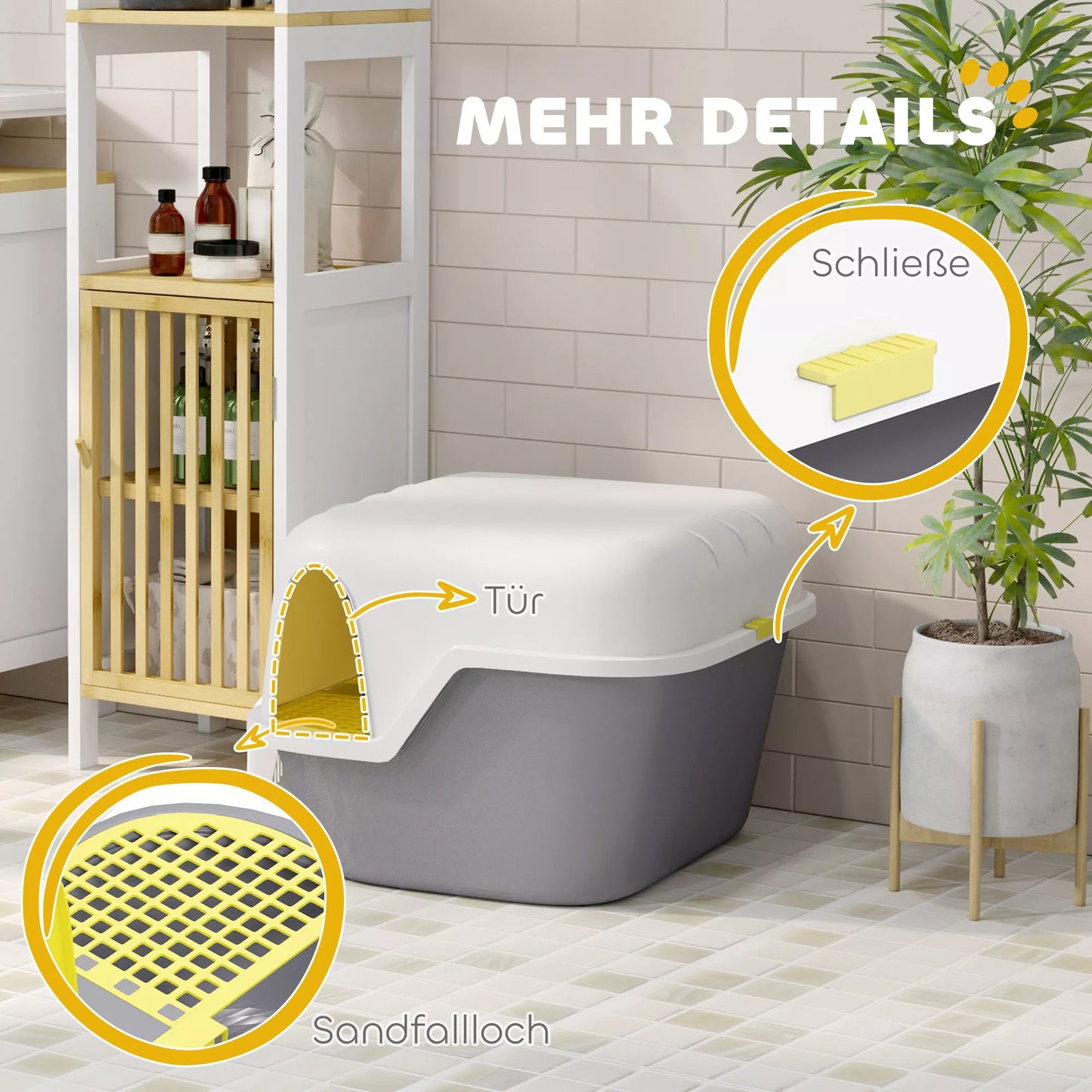 Katės tualetas, katino dėžutė su dangčiu ir kastuvėliu, lengvai valomas, uždaromas, balta