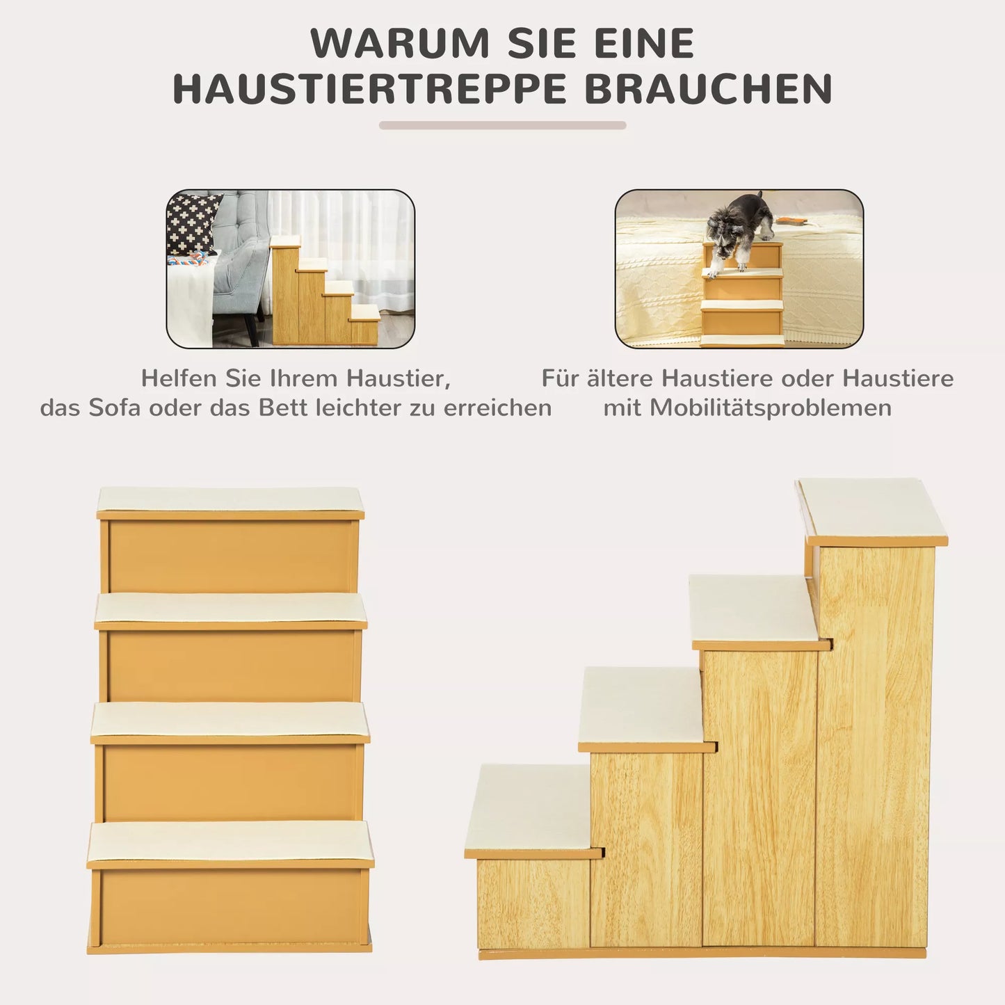 Laipteliai augintiniams, šunims ir katėms, 4 pakopų, trumpo pliušo, iki 30 kg, 40 x 59 x 54,2 cm, natūralios spalvos.