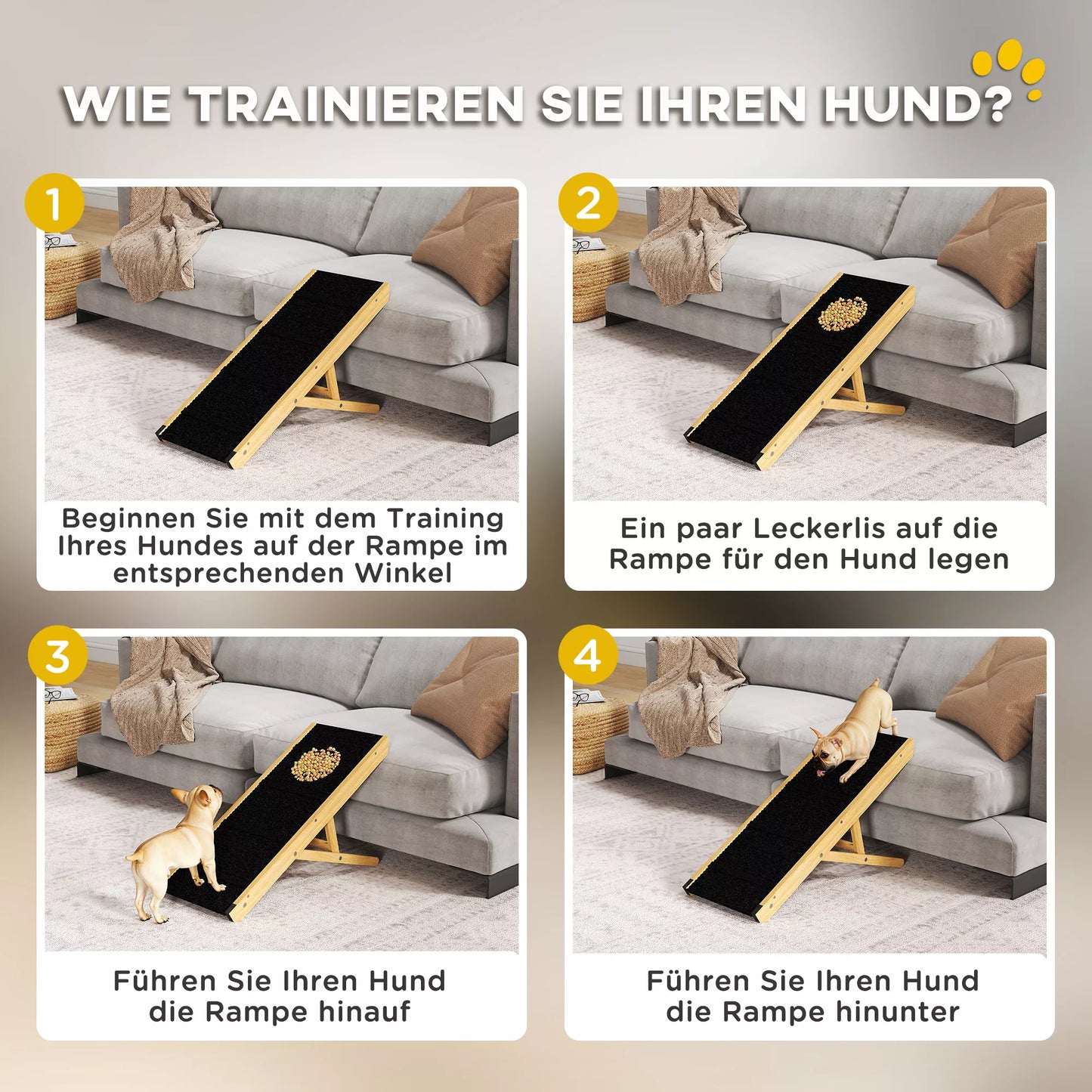 Naminių gyvūnų rampa, reguliuojama, 4 pakopos, neslidži, pušies medžio, sulankstoma, skirta šunims iki 15 kg