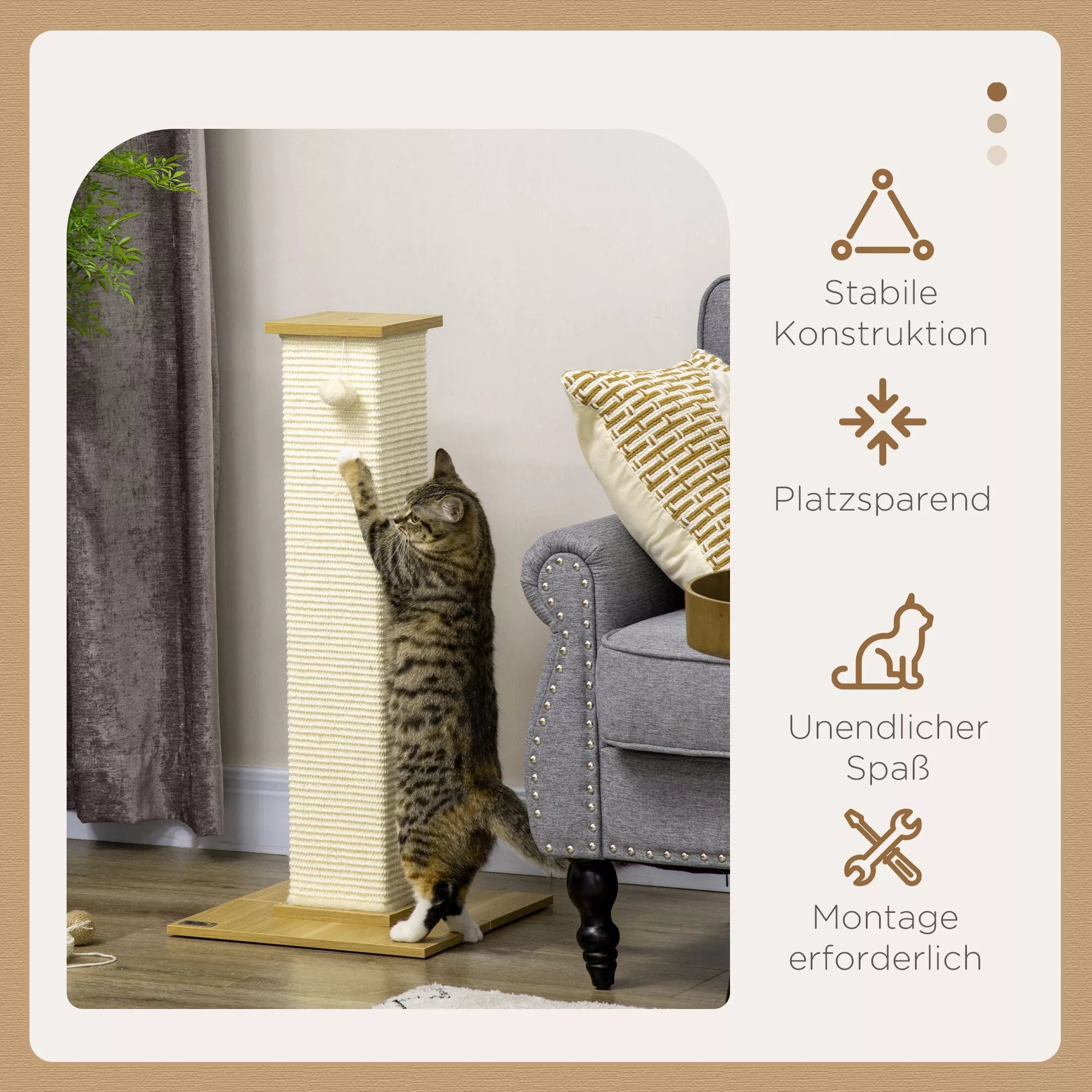 Kaķu māja ar rotaļlietu, 38 cm x 38 cm x 80 cm, bēša + dabīga krāsa
