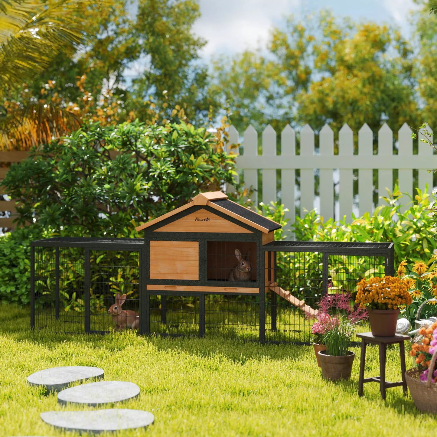 Dviejų aukštų triušidė iš medžio masyvo, atspari žiemai, su lauko aptvaru, 217x53x86 cm, Geltona