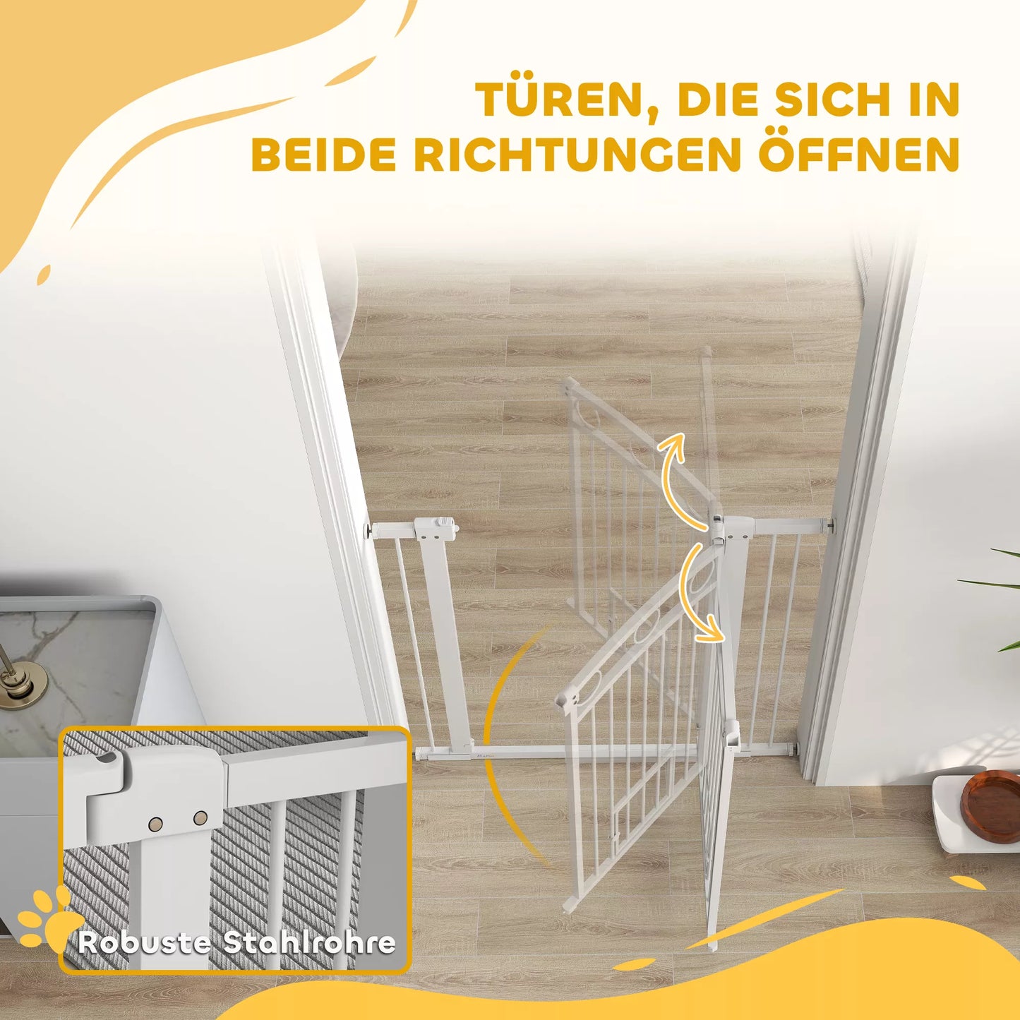 106 cm aukščio naminių gyvūnėlių tvorelė su reguliuojamu pločiu, integruotos katės durelės, skirta laiptams ir durų staktoms, balta