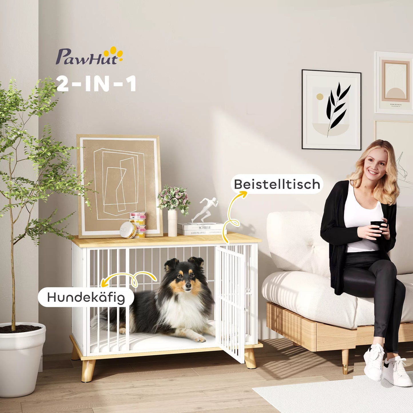 Šunų narvas su užrakinamomis durimis, nuimama pagalvėlė, gera ventiliacija, plienas, 86x60x70 cm, balta+pilka