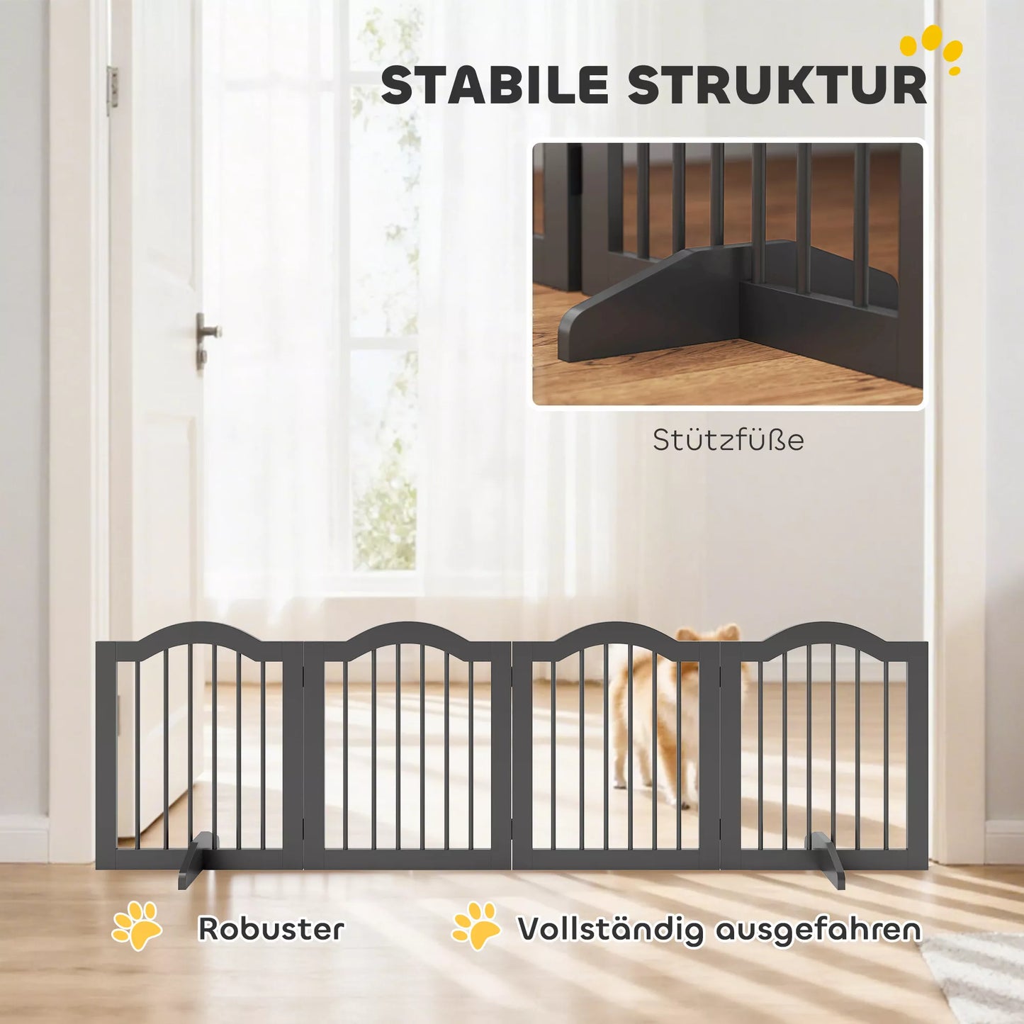 Šunų aptvaro varteliai Laisvai pastatomi apsauginiai varteliai su kojelėmis, Sulankstomi šunų varteliai, 4 panelės, 208 x 29,5 x 61 cm, Juodi