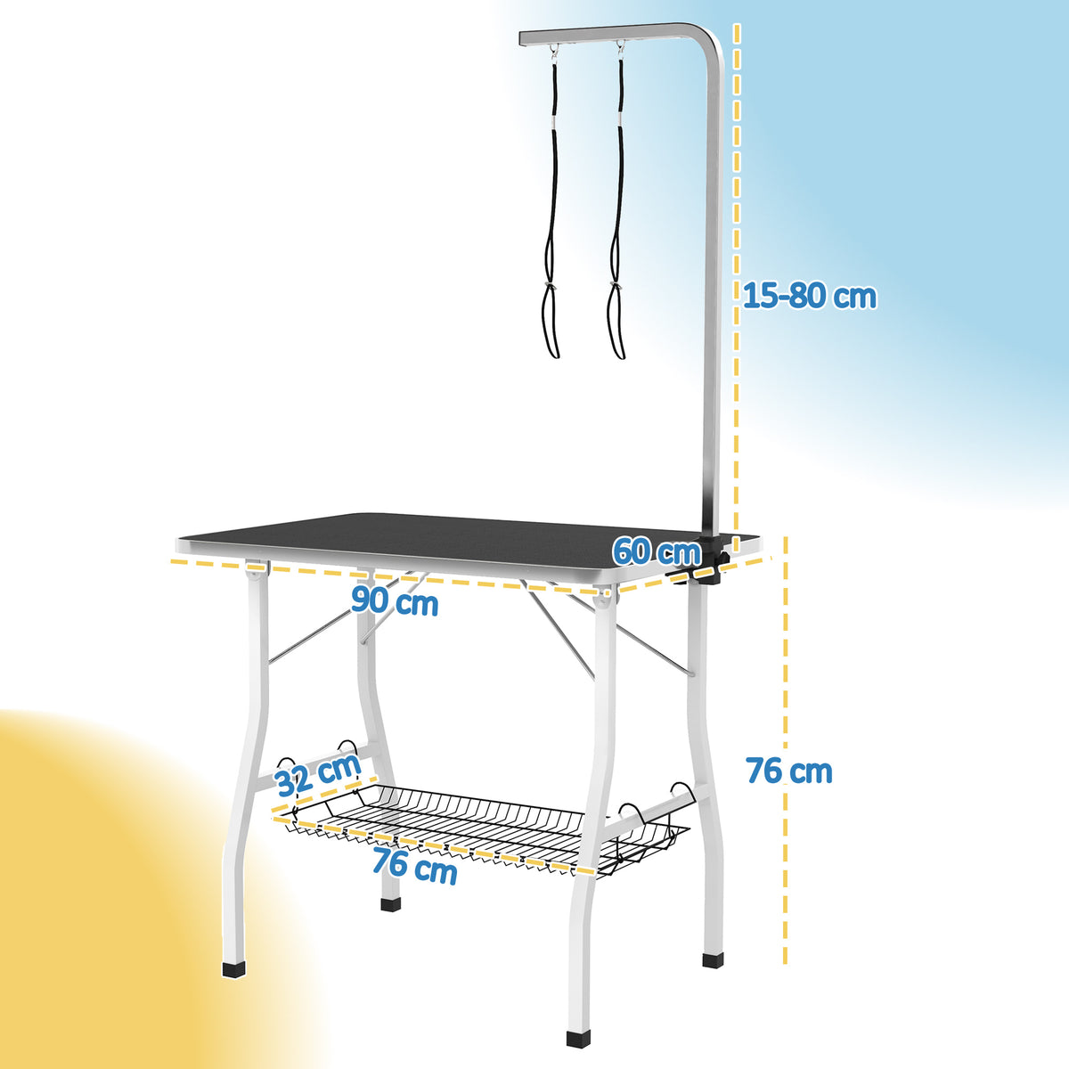 Kirpimo stalas šunims su reguliuojamu laikikliu ir lentyna, 90x60x76 cm, iki 40 kg, juodas