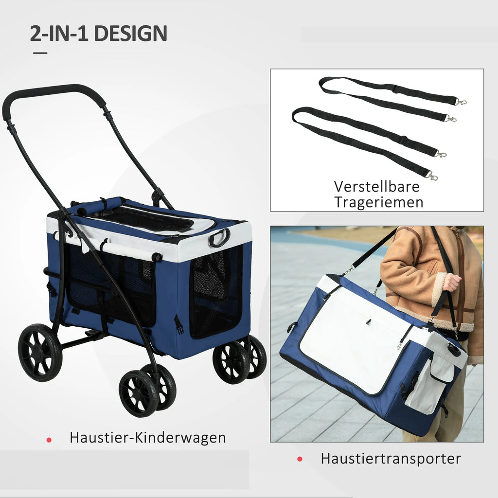 Vežimėlis šuniui, vežimėlis augintiniui, augintinio transportavimo priemonė iki 10 kg, sulankstomas, reguliuojamos rankenos, nuimamas krepšys, 81 x 58 x 97,5 cm, juoda + mėlyna + balta