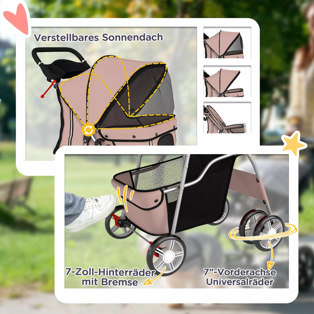 Šunų vežimėlis Sulankstomas šunų vežimėlis su atšvaito juostele Laikymo krepšys Pagalvėlė mažiesiems šunims iki 10 kg 77x44x102 cm Kavos spalvos