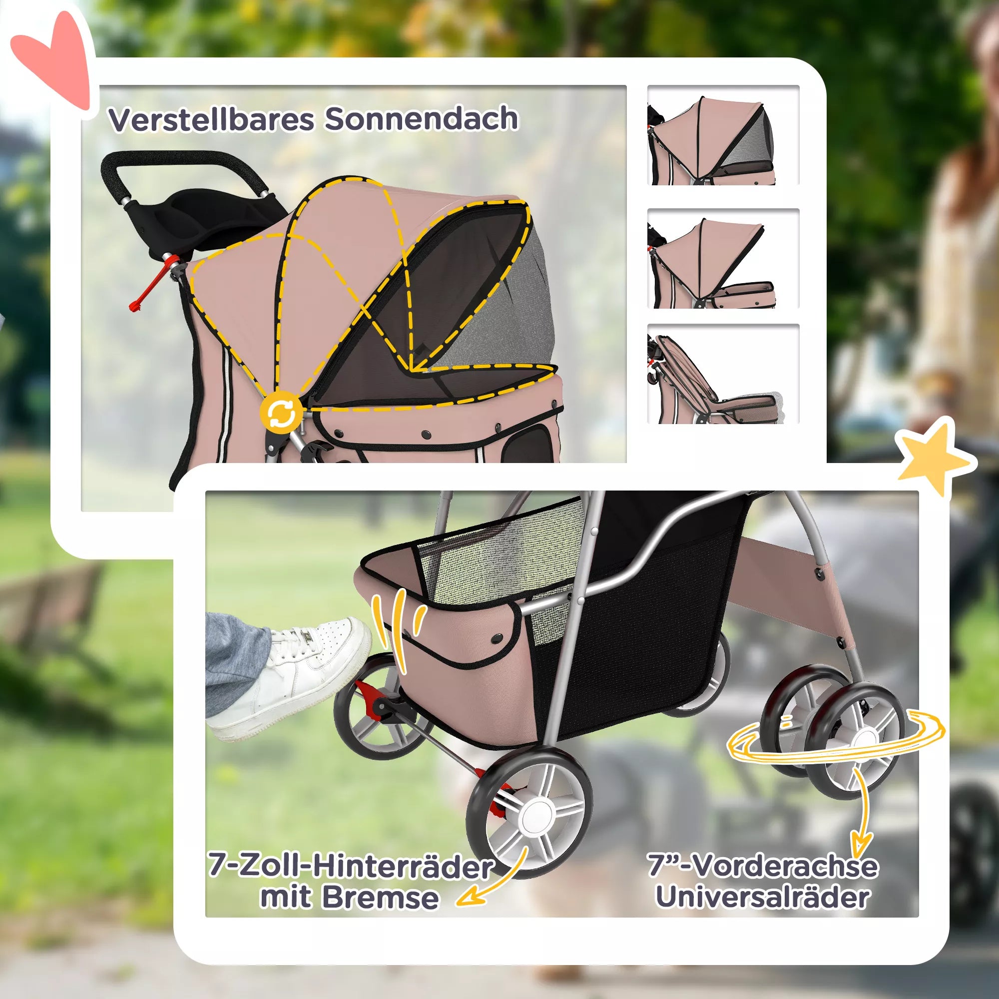 Šunų vežimėlis Sulankstomas šunų vežimėlis su atšvaito juostele Laikymo krepšys Pagalvėlė mažiesiems šunims iki 10 kg 77x44x102 cm Kavos spalvos