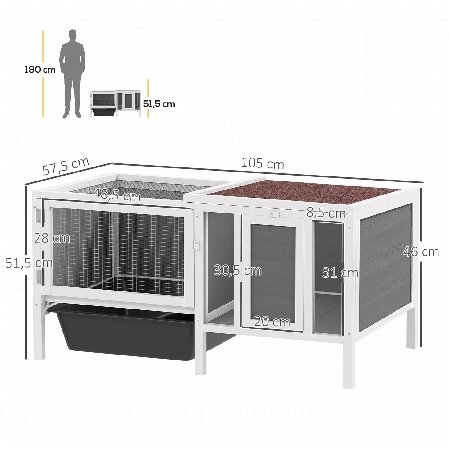 Hasenstall Medinis triušių narvas su laisvo judėjimo aptvaru, rampa, 3 įėjimais, ištraukiamu dubeniu, 105 x 57,5 x 51,5 cm Pilkos spalvos