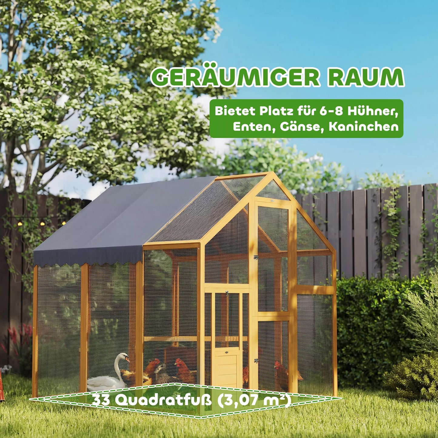 Vištidė 3,07 m² Laisvai vaikščiojanti aptvaras iš medžio su neperšlampamu audiniu, saugumo spyna, 6–8 vištoms 1,7 x 1,8 x 1,8 m