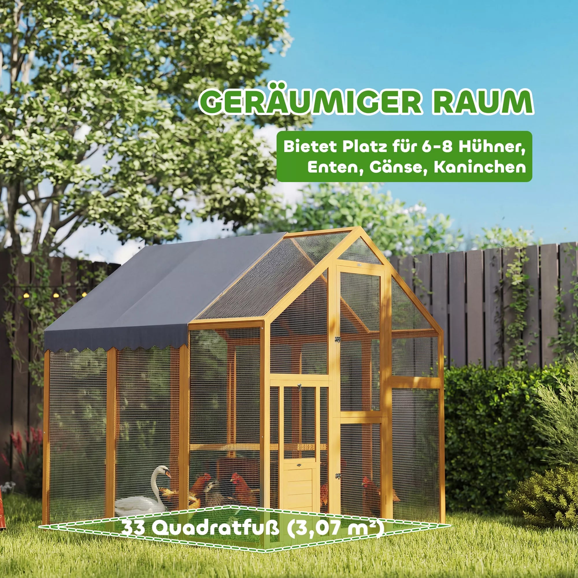 Vištidė 3,07 m² Laisvai vaikščiojanti aptvaras iš medžio su neperšlampamu audiniu, saugumo spyna, 6–8 vištoms 1,7 x 1,8 x 1,8 m