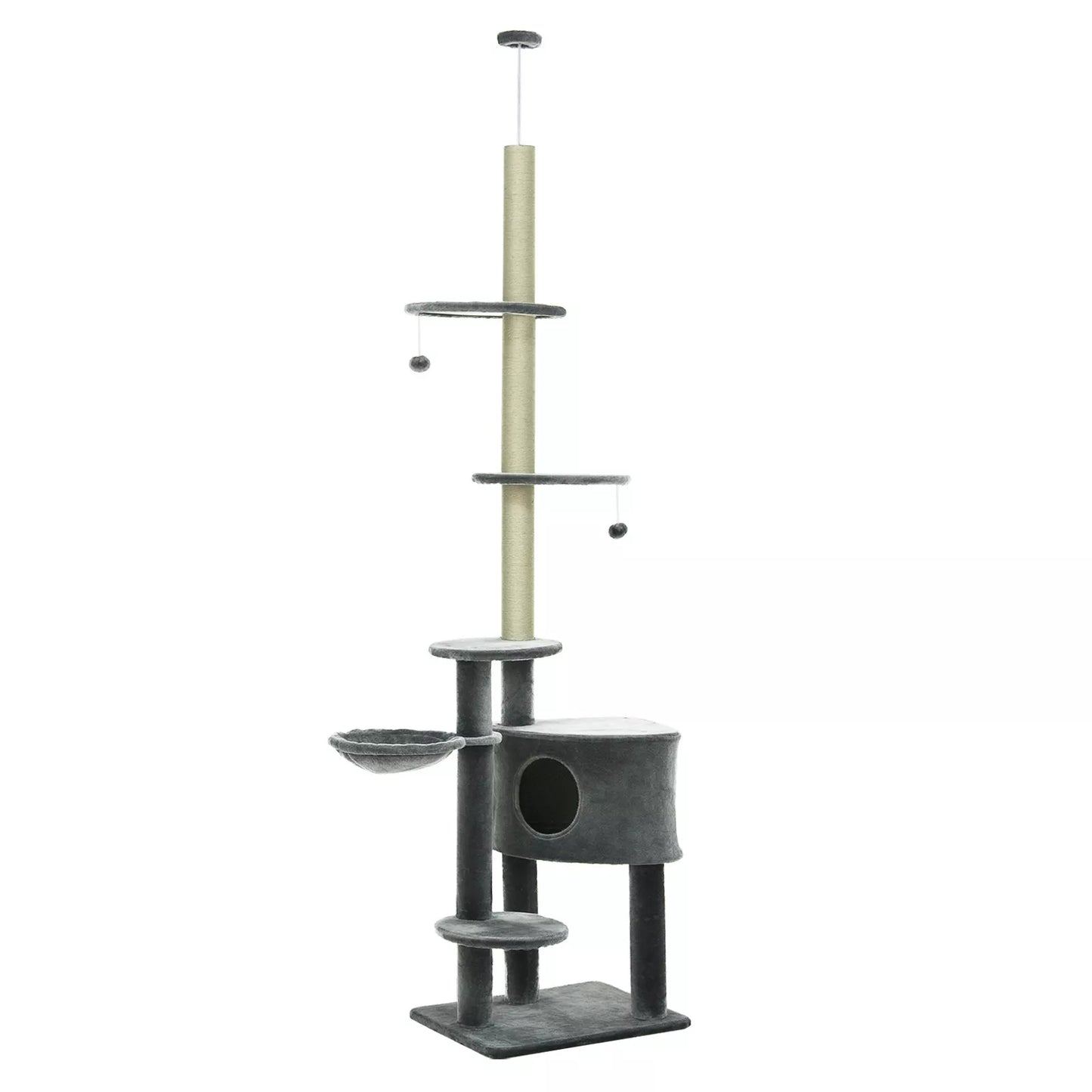 Aukštas iki lubų katės medis 220–265 cm, su žaisliukais, guoliu, hamaku, sizaliniais stulpais, platformomis, daugiaaukštis katės draskomasis medis, laipiojimo medis vidutinio dydžio katėms, tamsiai pilkos spalvos