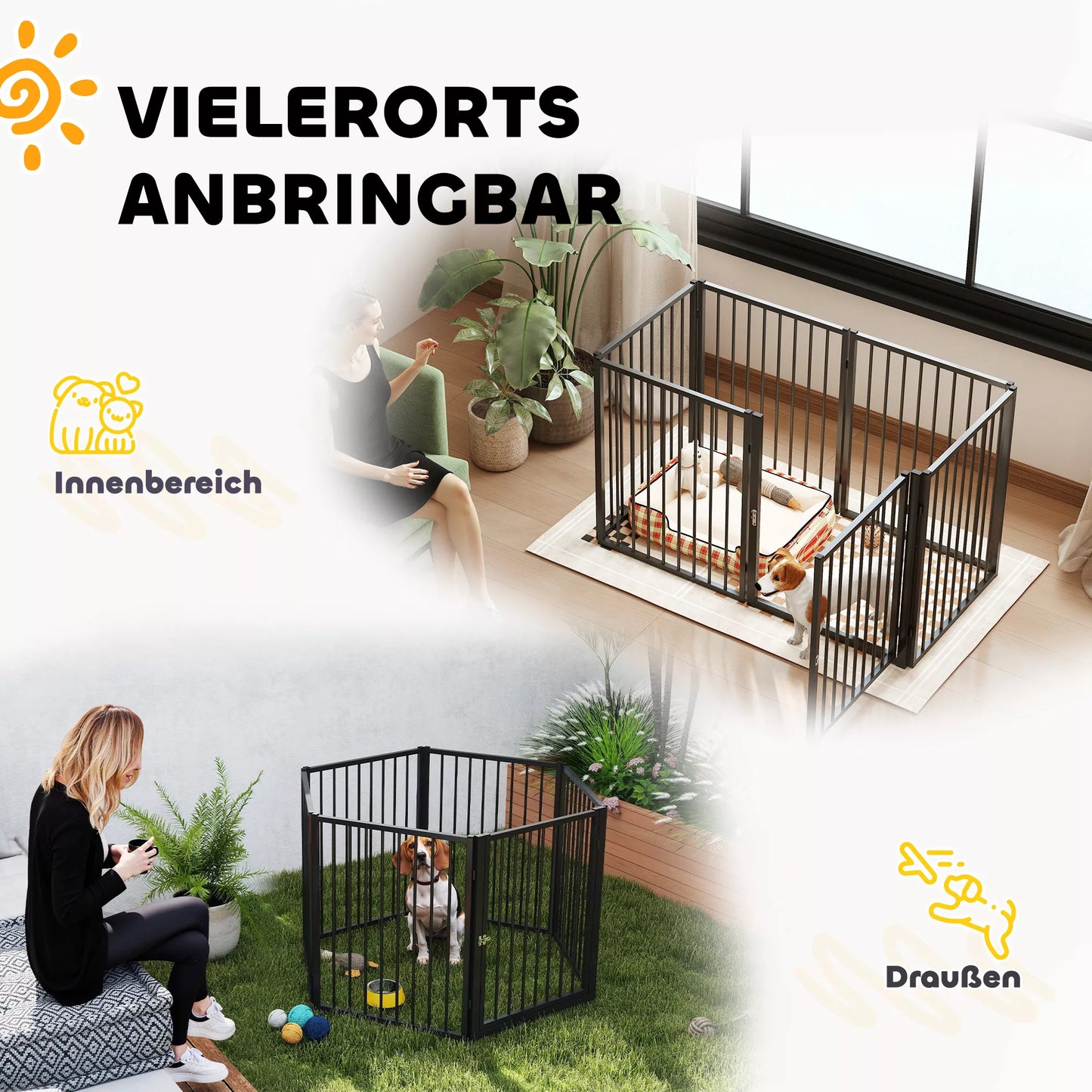 Šuniukų aptvaras, šunų aptvaras, šuniukų voljeras, 6 skydeliai su durelėmis, sulankstoma ir nešiojama šunų tvora, plienas, juoda