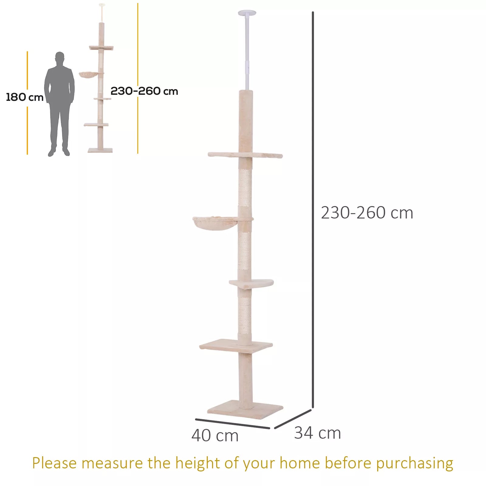 Kaķu māja līdz griestiem, regulējams augstums, stabils kaķu koks ar sizala stabiem, kaķu kāpšanas koks, bēšs, 40 x 34 x 230-260 cm
