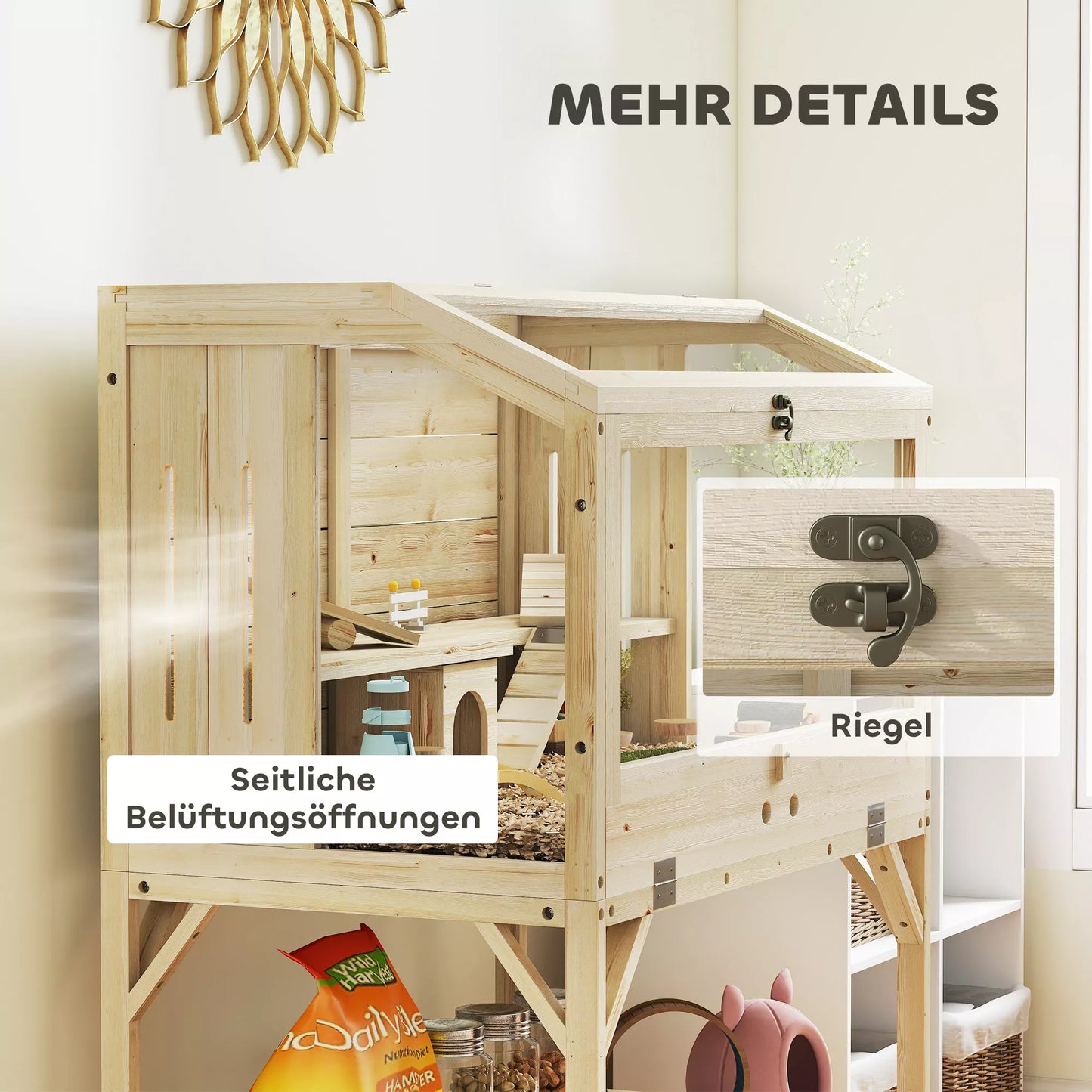 Hamsterio narvelis, 2 lygiai, narvelis smulkiesiems gyvūnams su daiktų laikymo skyriumi, priedai, 84 x 53 x 110 cm, natūralus medis