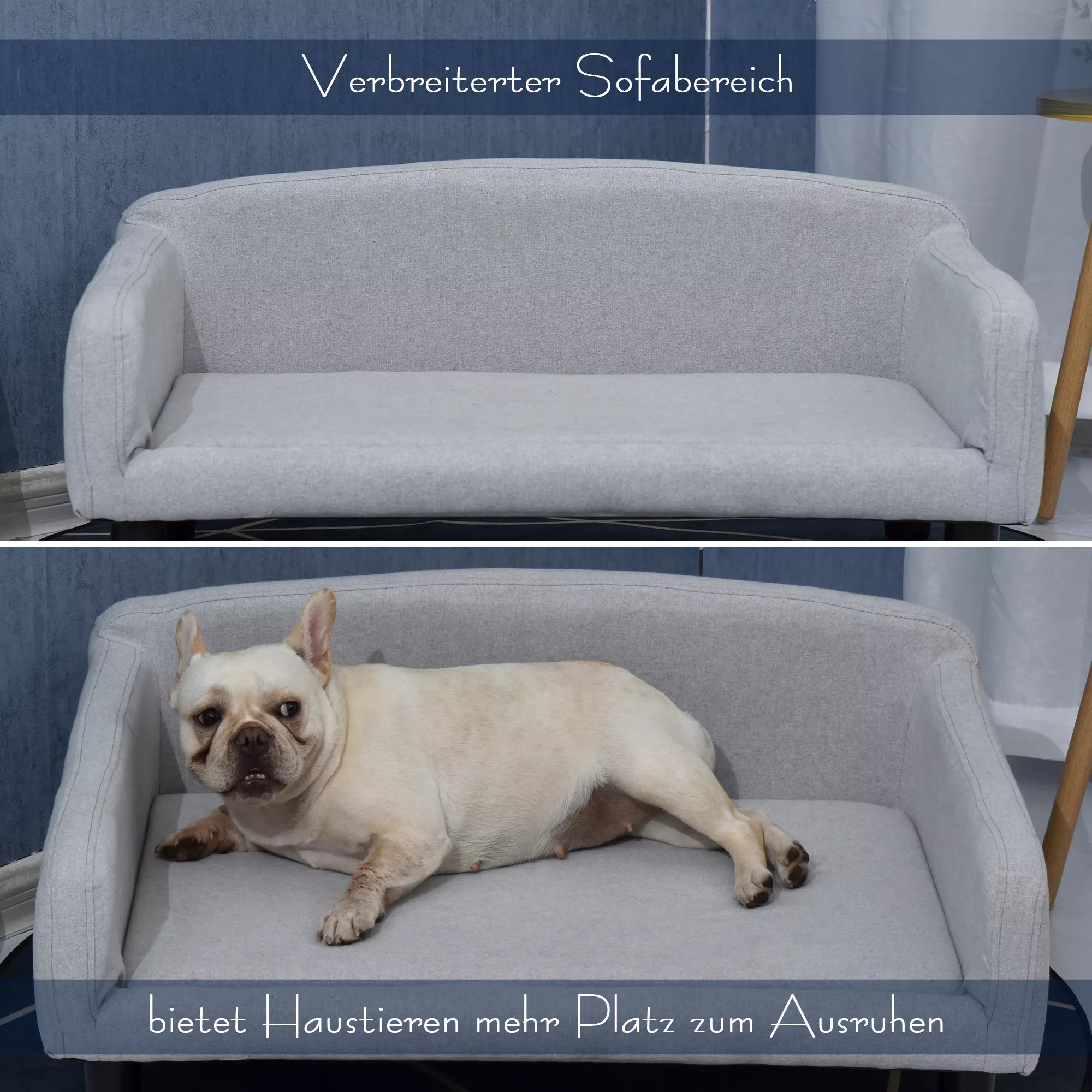Šunų sofa su minkštu užvalkalu, naminių gyvūnėlių sofa su medinėmis kojelėmis, šunų guolis 82 x 54 x 36 cm