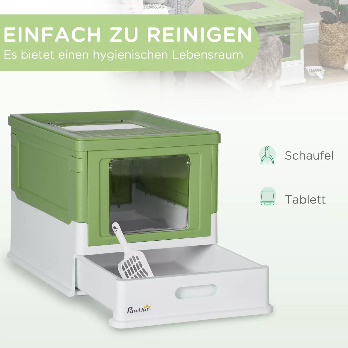 Katės tualetas, sulankstomas, 2 durys, su kraiko kastuvu, 47,5x35,5x36,7cm, Balta/Žalia