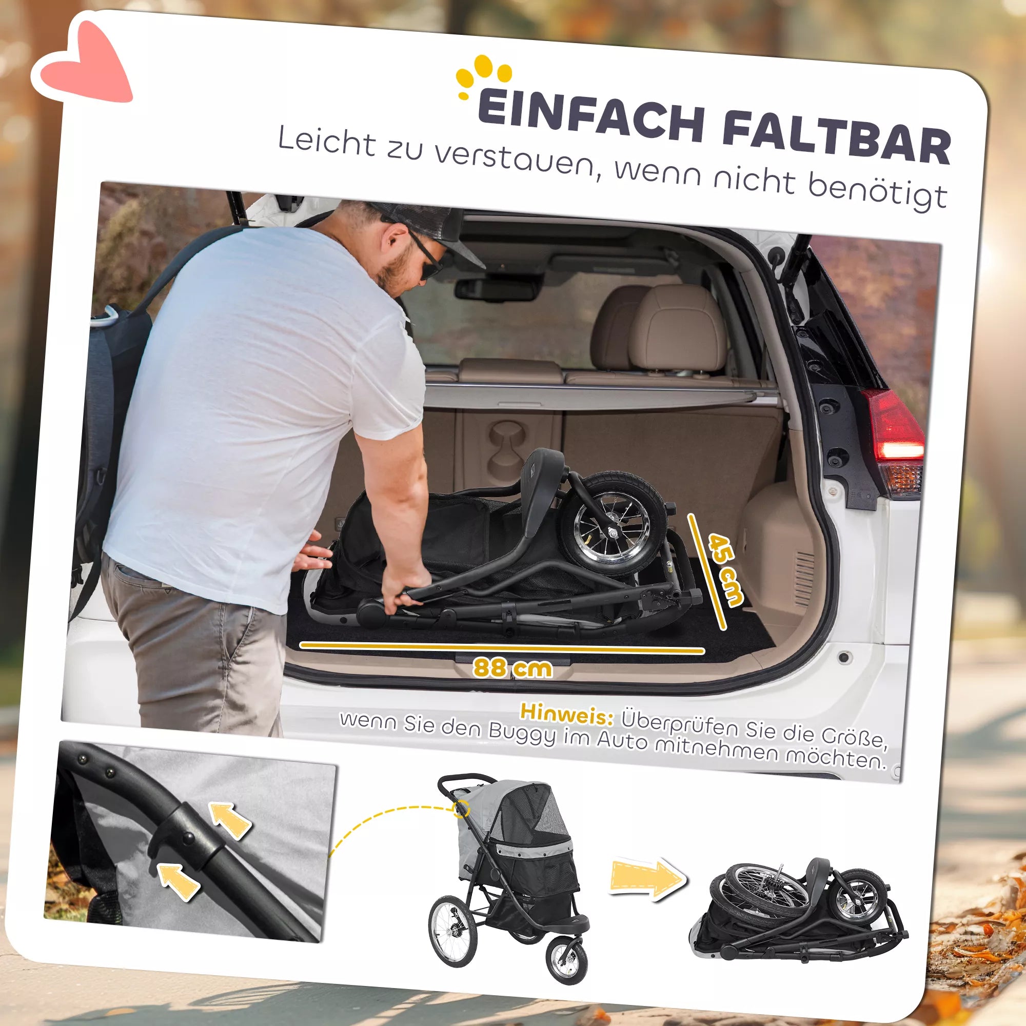 Suņu ratiņi, mājdzīvnieku ratiņi maziem suņiem un kaķiem, ar uzglabāšanas grozu, saliekami ar vienu klikšķi, pelēki