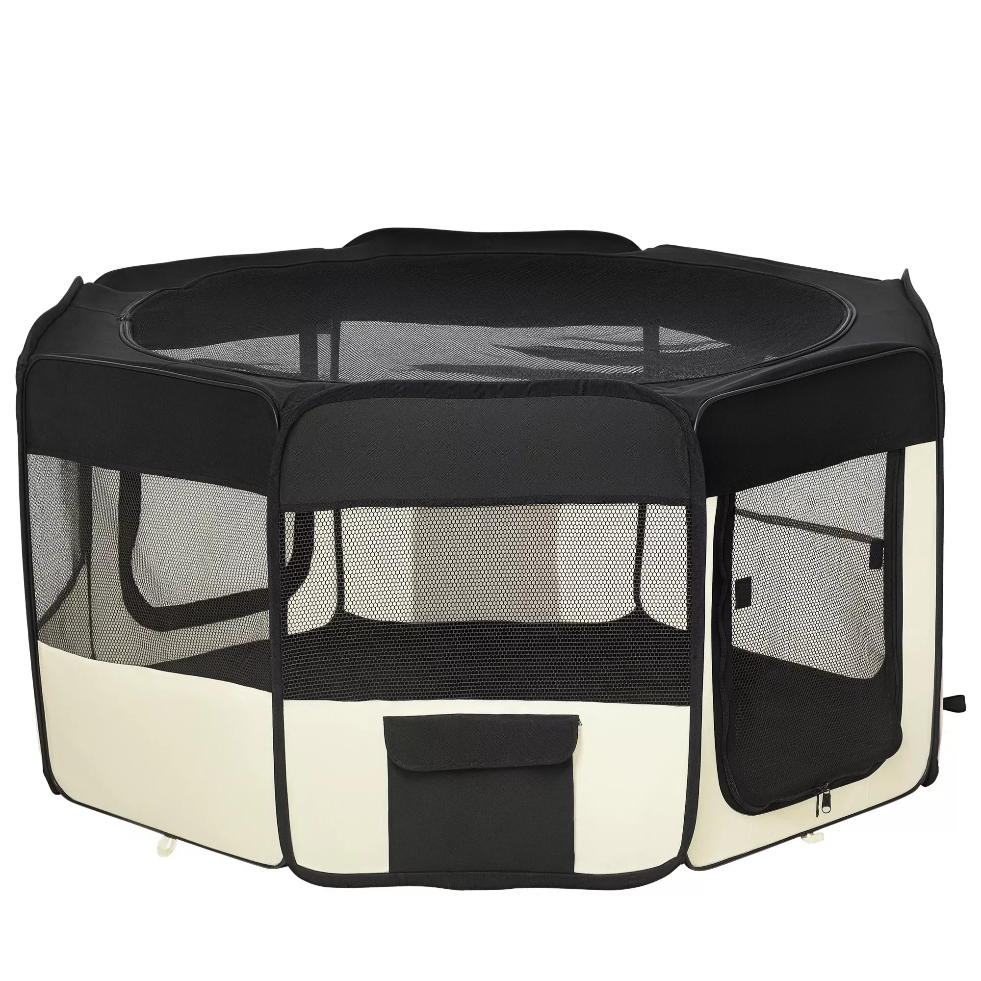 Šuniukų aptvaras, sulankstomas šuniukų aptvaras su tinkliniu dangčiu, aptvaras šunims, katėms, smulkiesiems gyvūnams, šunų aptvaras iš kvėpuojančio tinklo, skirtas butui, Ø120 x 58H cm  Juoda+kreminė balta