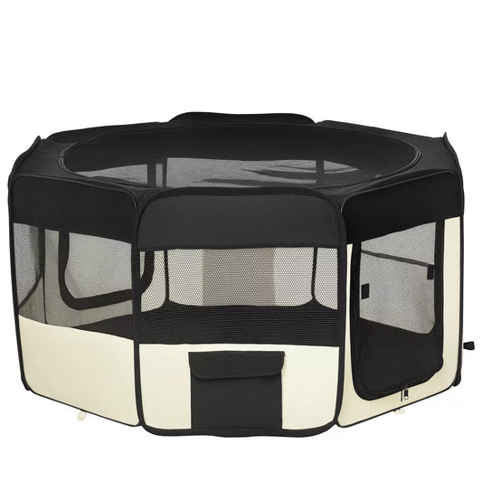 Šuniukų aptvaras, sulankstomas šuniukų aptvaras su tinkliniu dangčiu, aptvaras šunims, katėms, smulkiesiems gyvūnams, šunų aptvaras iš kvėpuojančio tinklo, skirtas butui, Ø120 x 58H cm  Juoda+kreminė balta
