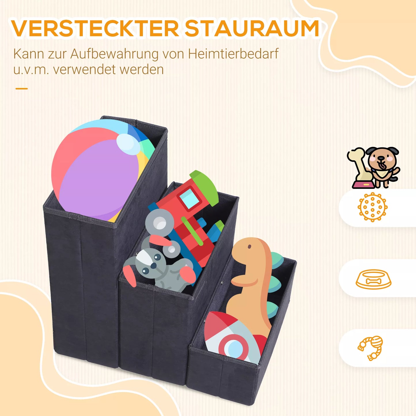 Sulankstomi gyvūnų laipteliai 3 pakopų, su daiktadėže katėms ir šunims, juodos spalvos MDF, 40 x 54 x 48 cm