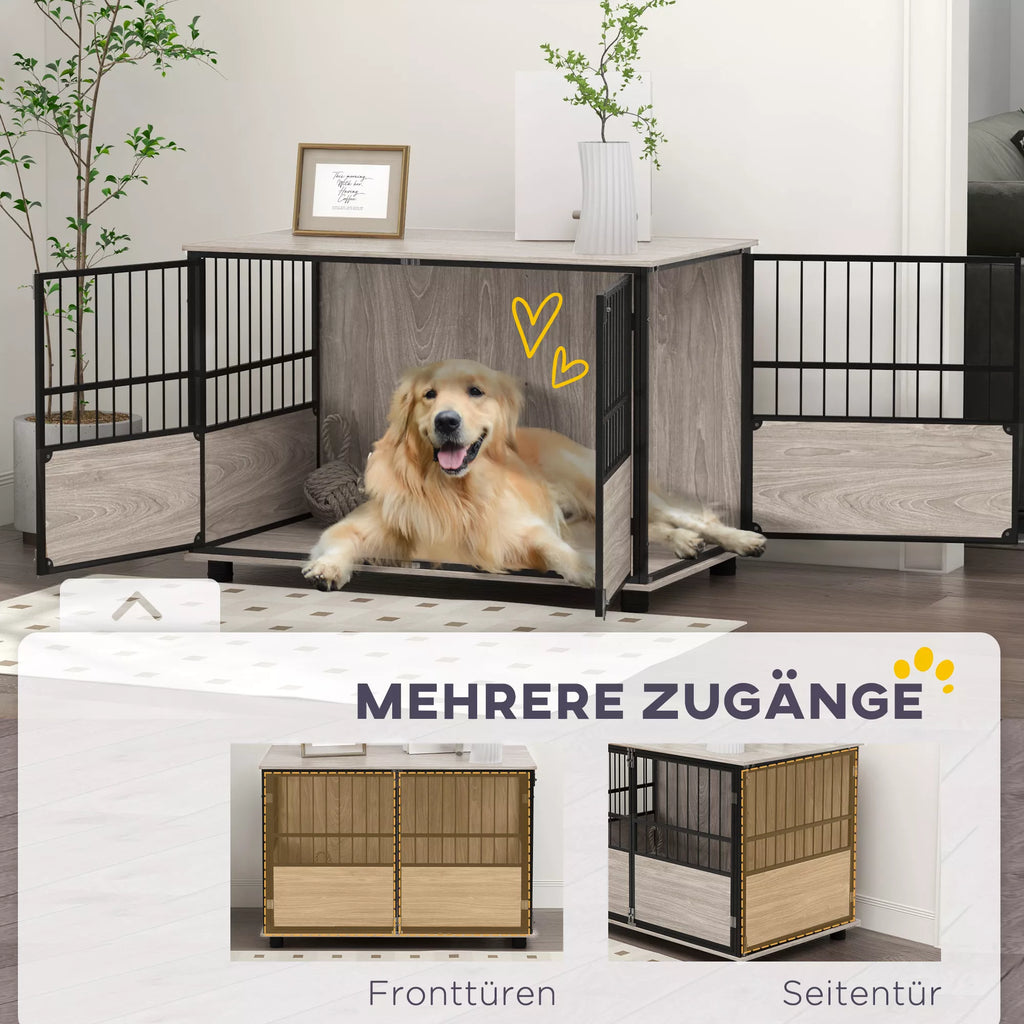 Šunų narvas-spintelė iš medžio drožlių plokštės ir plieno, dideliems šunims iki 30 kg, 100 x 60 x 68 cm, riešutmedžio spalvos