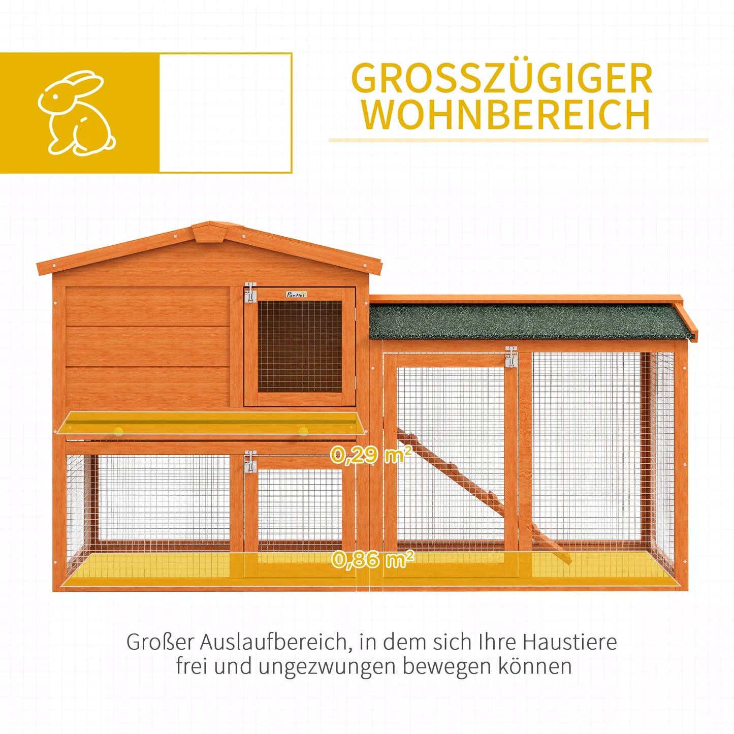 Smulkių gyvūnėlių namelis, Smulkių gyvūnėlių narvas, Lauko triušių namelis, Laisvosios erdvės aptvaras, Atsparus žiemai, Massyvmedis, 150 x 45 x 85 cm, Oranžinė