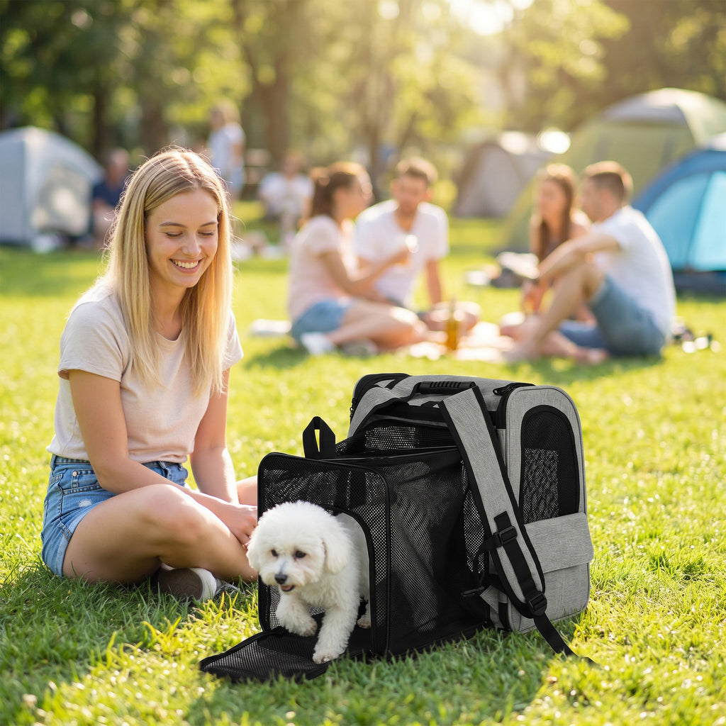 Praplečiama transportavimo kuprinė šunims ir katėms iki 10 kg, su 5 kišenėmis, 33,5x28x42 cm, šviesiai pilka