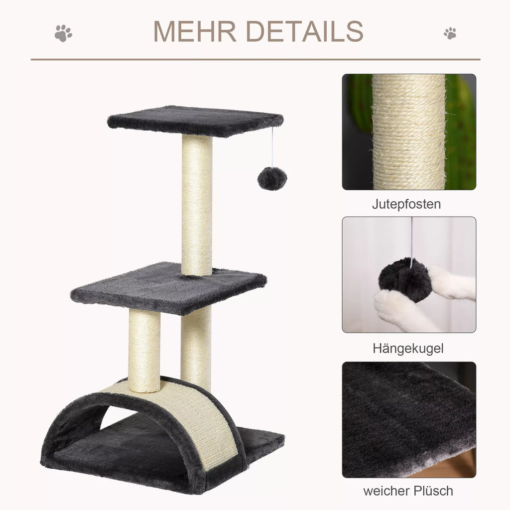 Kačių draskyklė 72 cm Kačių bokštas su pliušiniais kamuoliukais, sizaliniai stiebai, platforma, draskyklė, daugiaaukštė kačių draskyklė, laipiojimo medis, vidutinio dydžio katėms, pilka