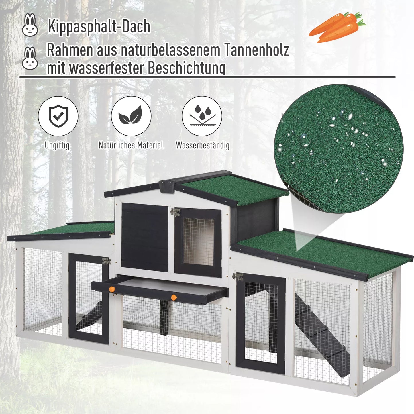 Voljeras smulkiems gyvūnams su 2 lauko aptvarais, atsparus oro sąlygoms, eglės mediena, balta + žalia
