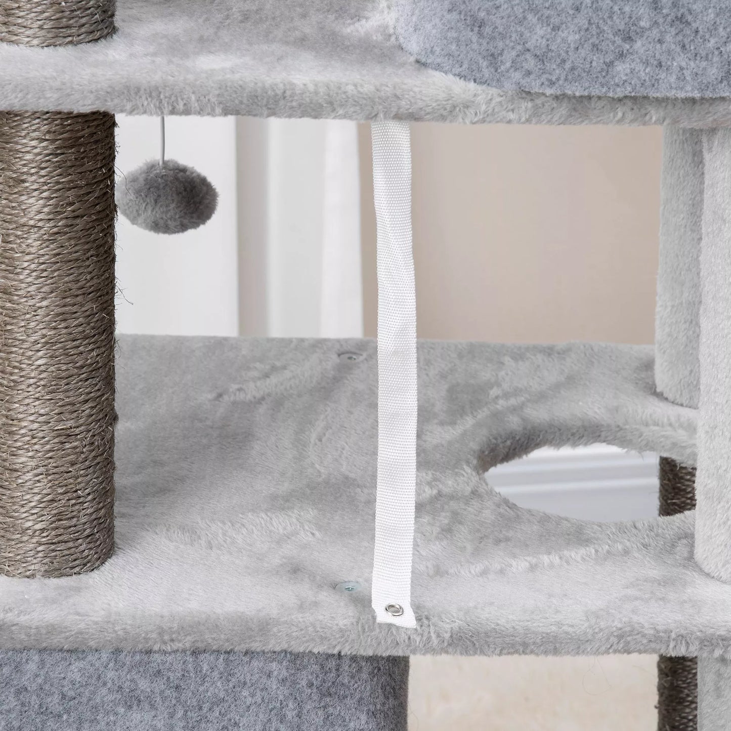 Aukšta draskyklė-medis katėms su 2 nameliais, guoliu ir platformomis, 142 cm, pilka