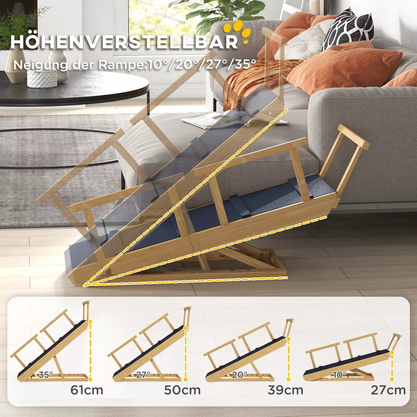 Šunų rampa, reguliuojamo aukščio, sulankstoma, turėklai, skirta šunims iki 40 kg, medinis rėmas, 85 x 40 x 61 cm, juoda