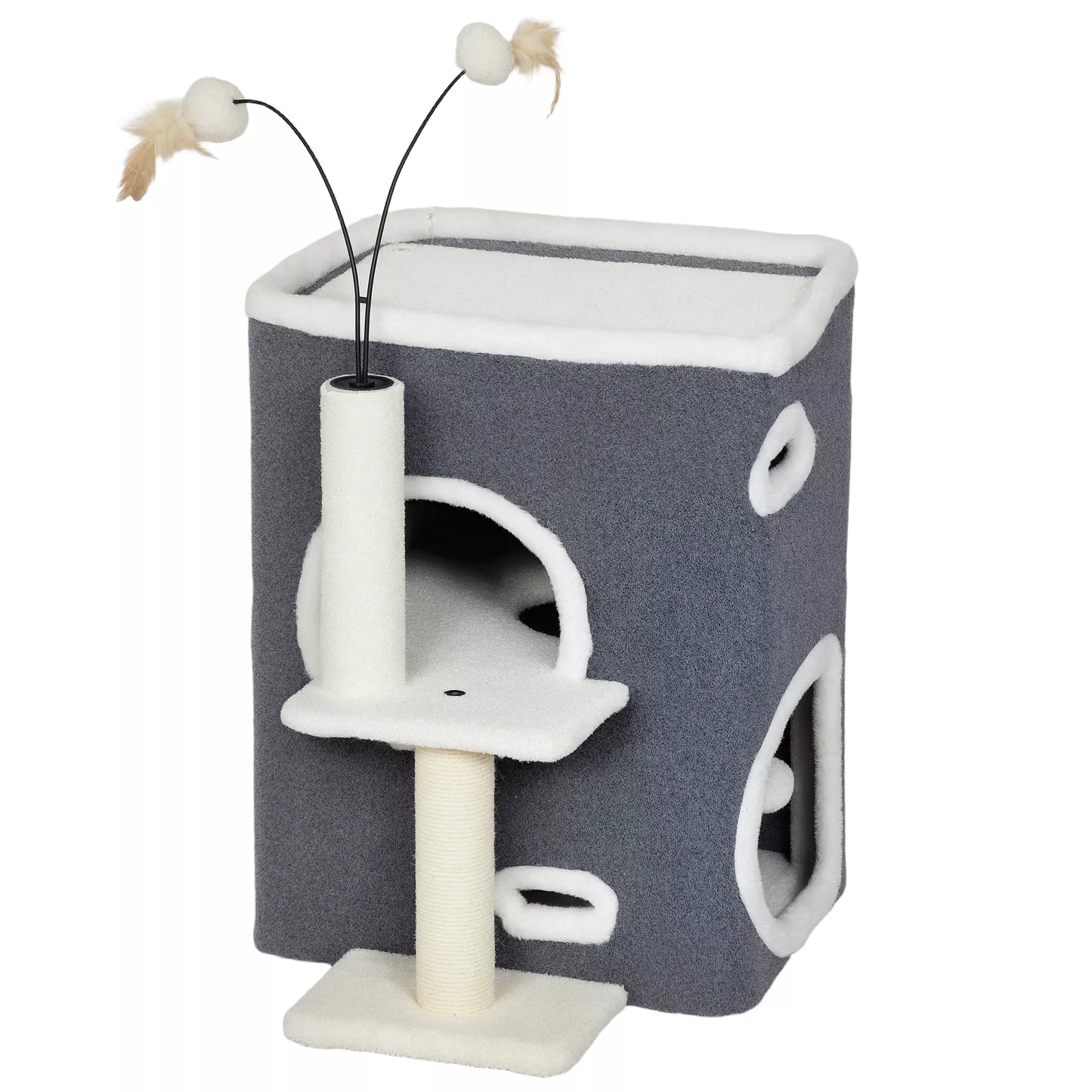 Kačių draskyklė, viršutinė poilsio zona, 2 aukštų namelis, sisaliniai stulpeliai, pilka