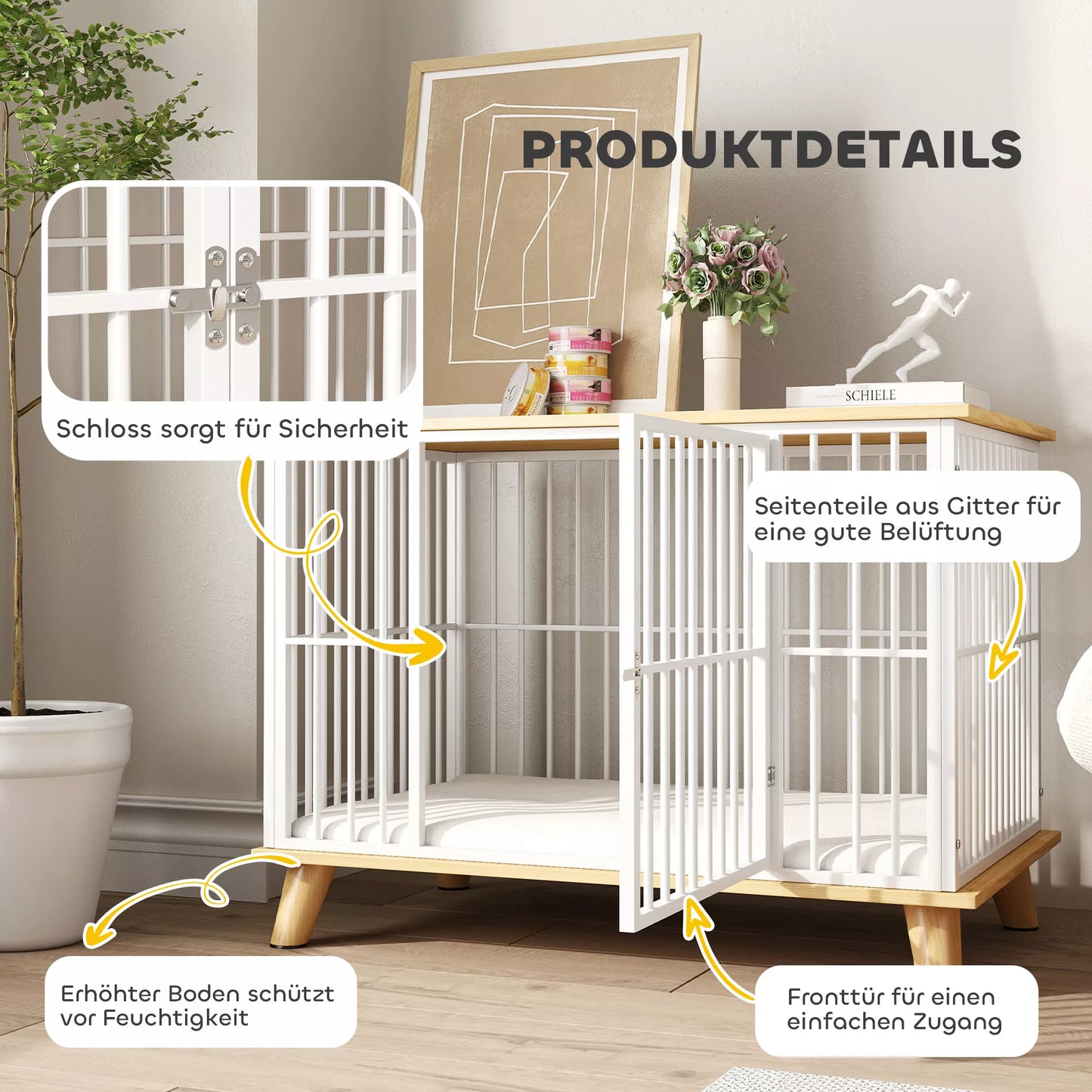 Šunų narvas su užrakinamomis durimis, nuimama pagalvėlė, gera ventiliacija, plienas, 86x60x70 cm, balta+pilka