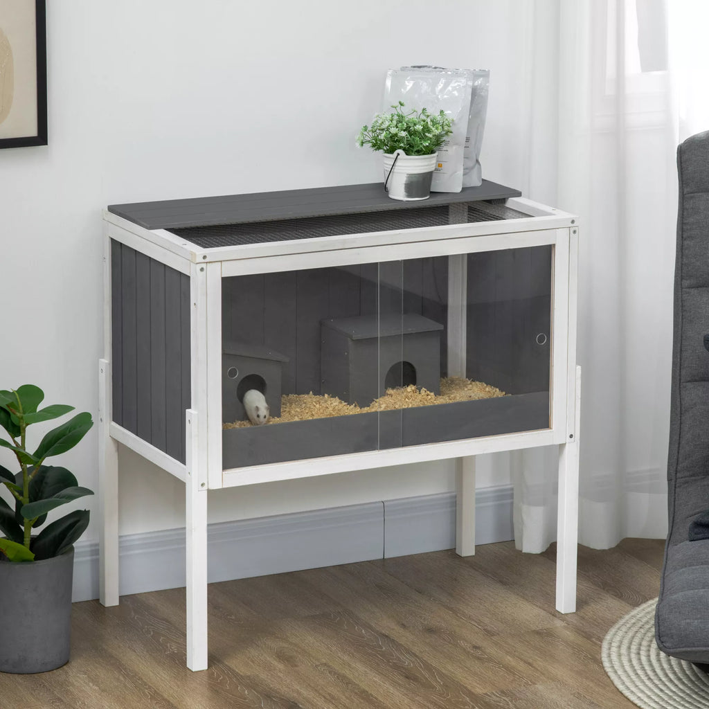 Hamsterio narvas, 3000 cm² nykštukinių žiurkėnų narvas iš medžio ir metalo, su 2 nameliais, akrilo stumdomomis durimis, stabilus, saugus, Pilka+Balta