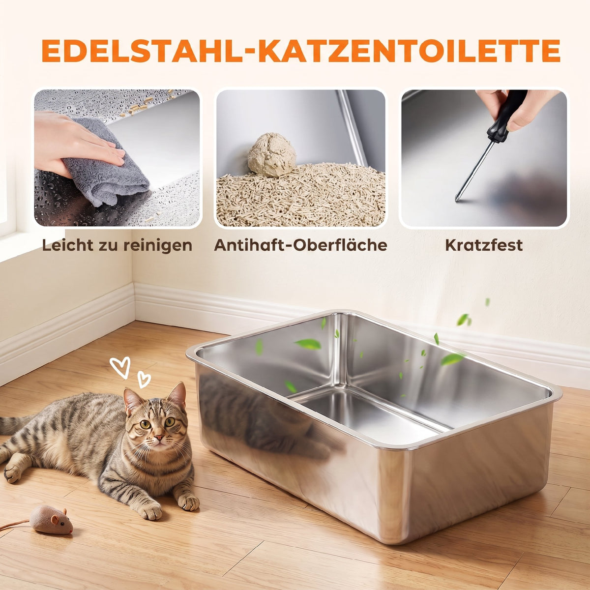 Kačių tualetai XL iš nerūdijančio plieno, 2 vnt., pusiau uždari, su semtuvėliais, iki 8 kg, 60x40x30 cm, juodi