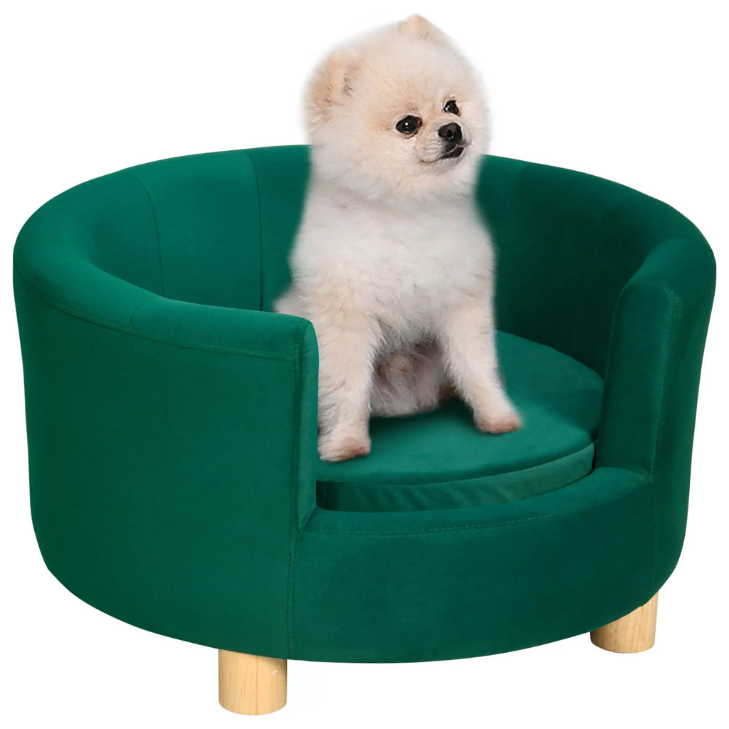 Šunų sofa, šunų kušetė, su skalbiamu užvalkalu, gyvūnėlių sofa su atlošu ir medinėmis kojelėmis, kačių sofa, mažiems šunims iki 4,5 kg, žalia