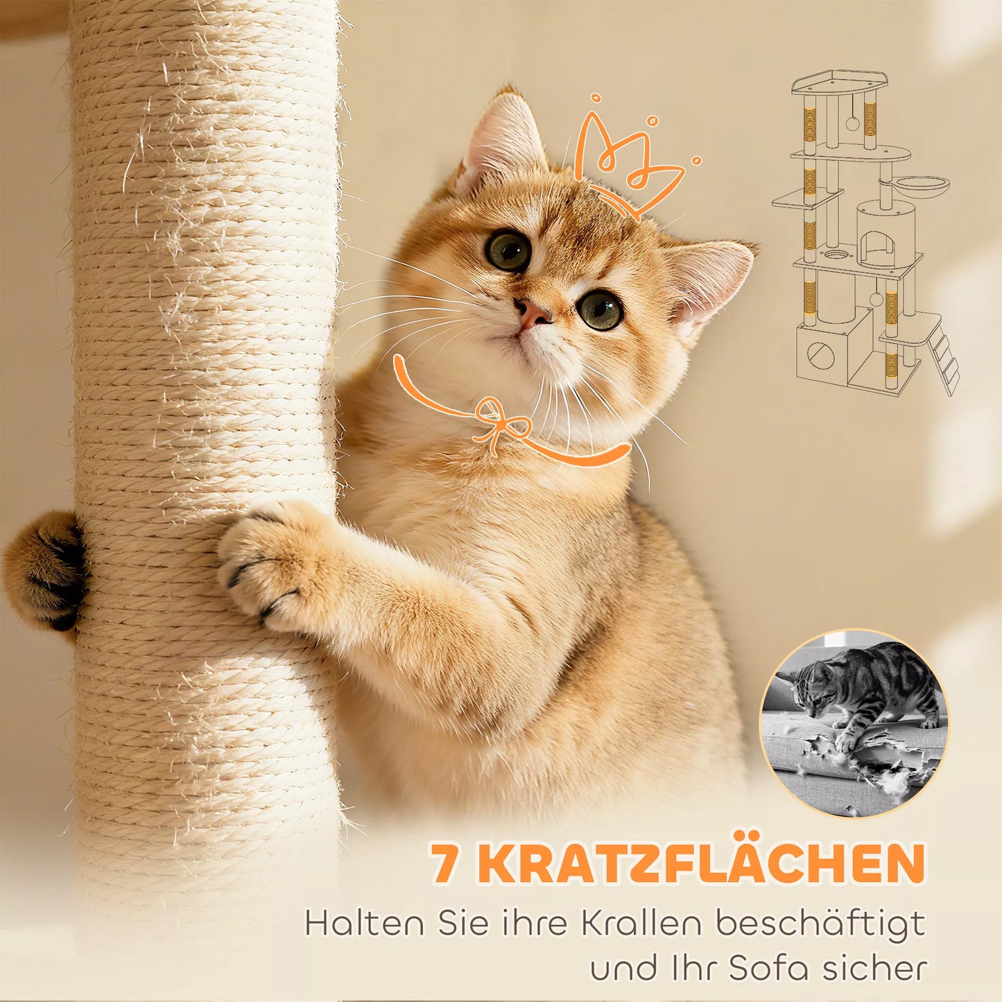 Kačių draskyklė, 170 cm, su tuneliu, nišomis, didele baze, sizaliniais stulpais, šviesiai pilka