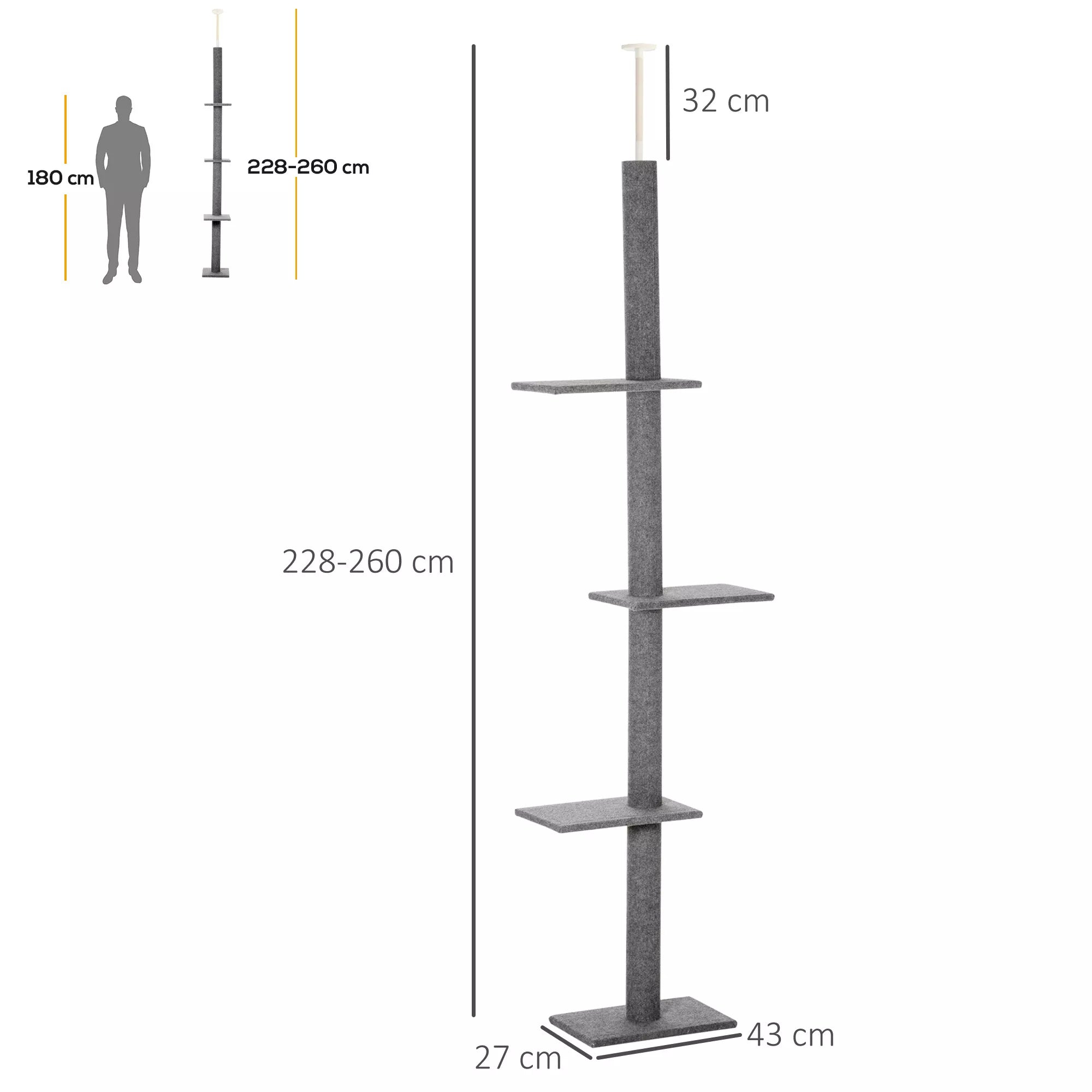 Griestu kaķu māja, augstums 228-260 cm, ar platformām, daudzlīmeņu, kāpšanas māja maziem un lieliem kaķiem, pelēka