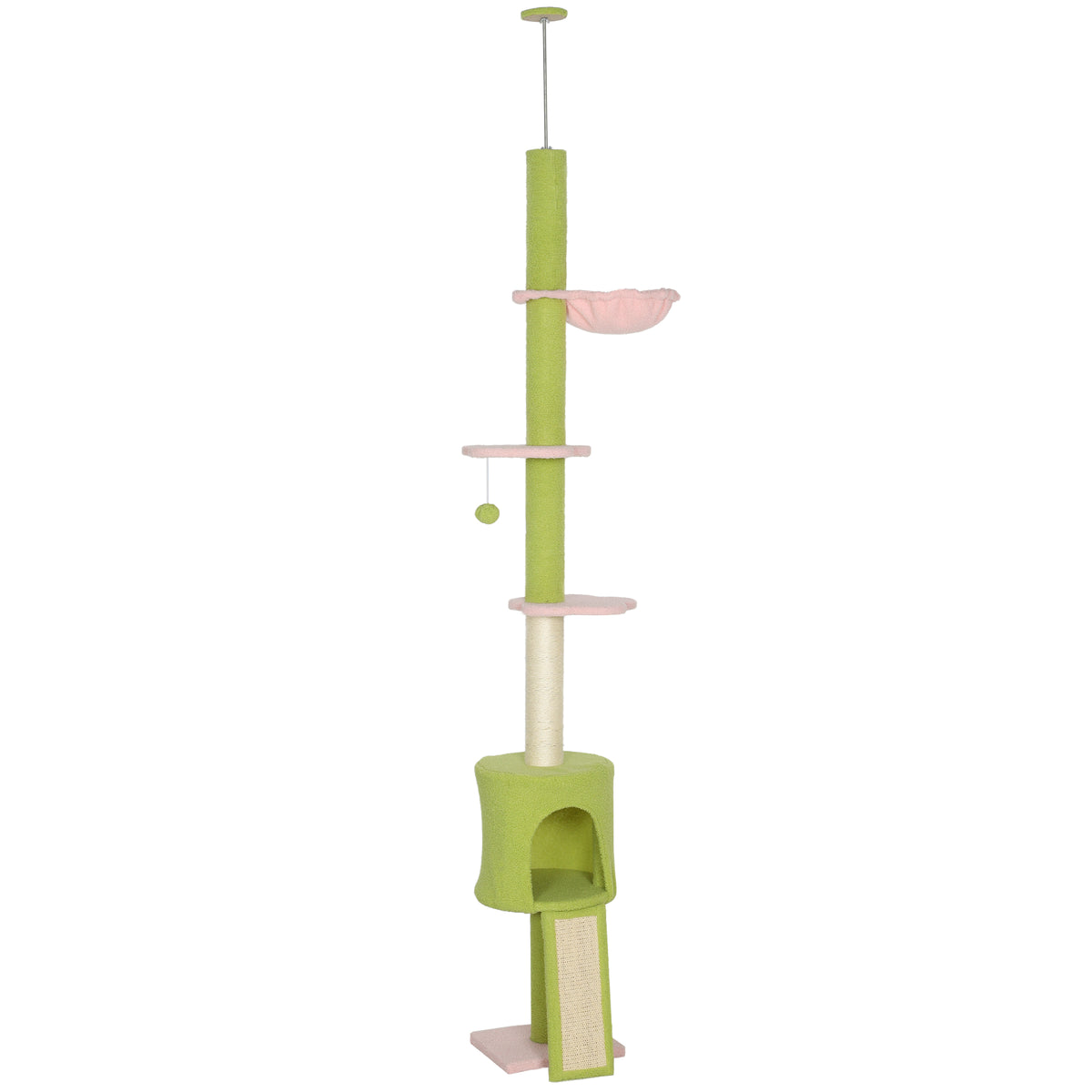 Draskyklė iki lubų 220–240 cm su nameliu, hamaku ir gėlių formos platformomis, 1–2 katėms iki 5 kg, žalia