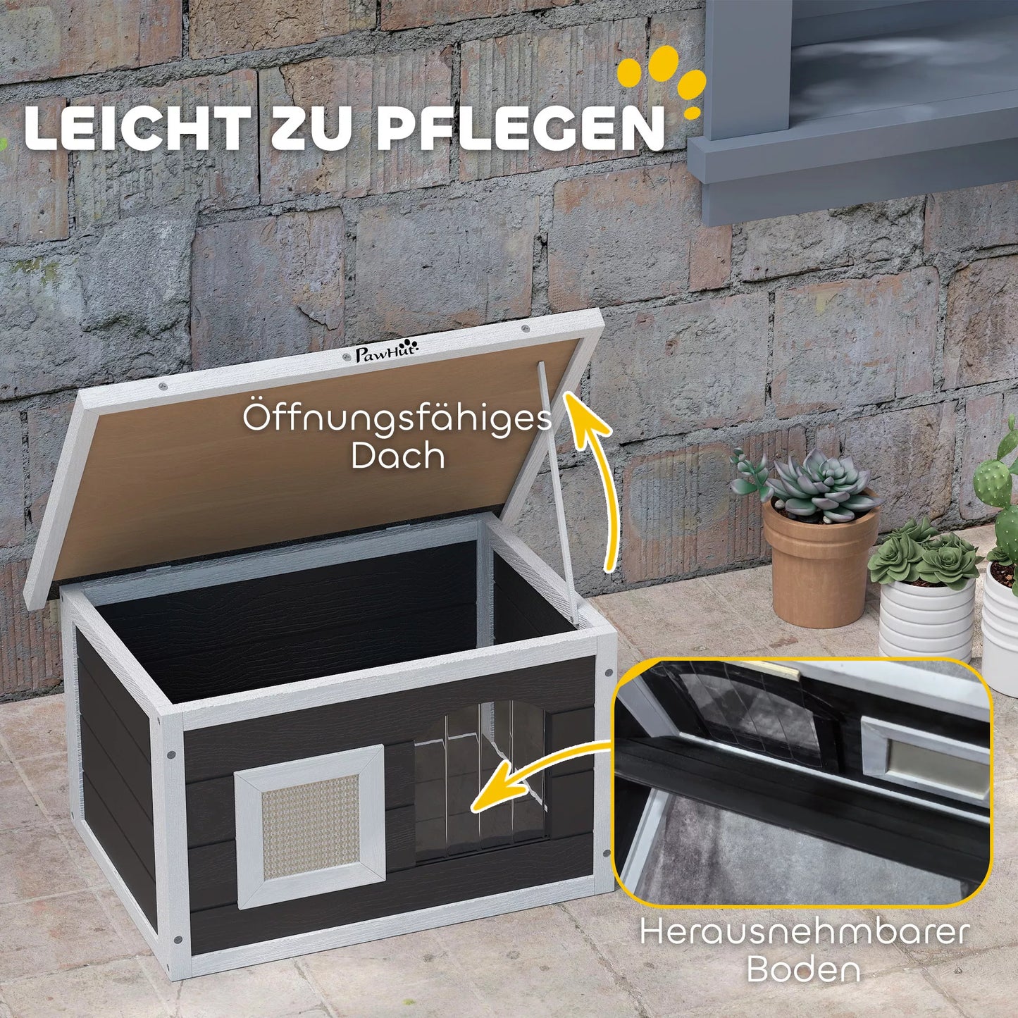 Katės namelis, pasislėpimo vieta katėms ir triušiams, medinis namelis su draskykle, durelėmis, 61 x 45 x 36,5 cm, pilkos spalvos