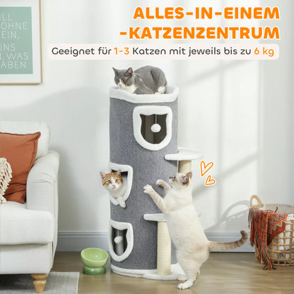 101 cm kačių bokštas, 3 lygiai, 3 miegamosios olos, žaisliniai kamuoliukai, draskyklė, sizalis, medžio drožlių plokštė, pilka