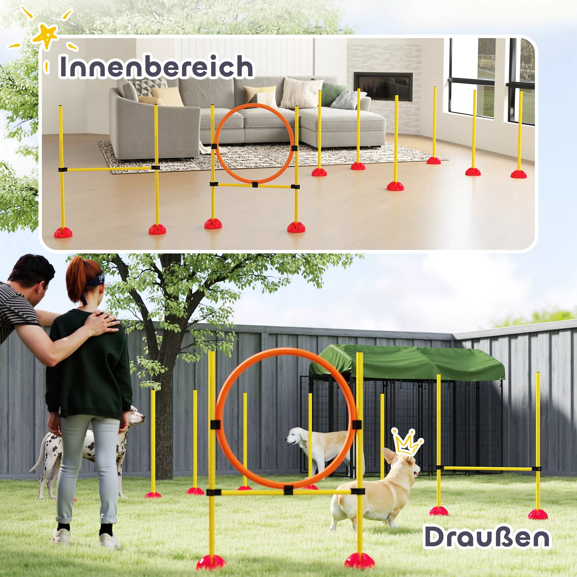 3 dalių šunų agility rinkinys, užpildomas. Agility įranga šunų dresūrai, šuolių kliūčių ir slalominių stulpų rinkinys.