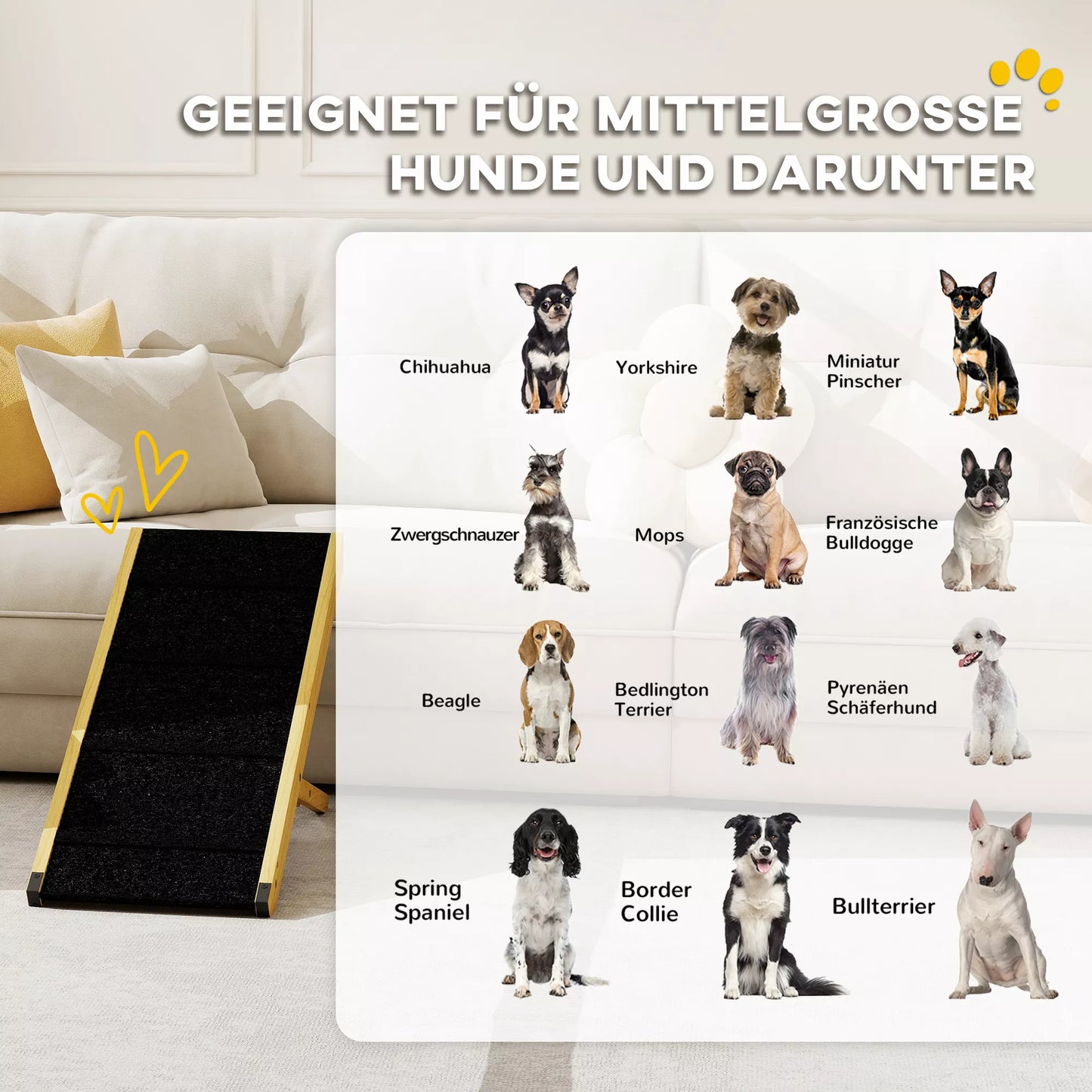 Naminių gyvūnų rampa, reguliuojama, 4 pakopos, neslidži, pušies medžio, sulankstoma, skirta šunims iki 15 kg