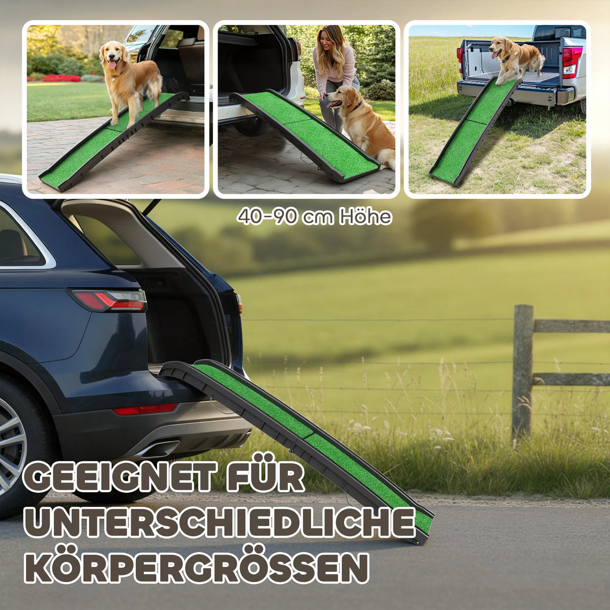 Sulankstoma neslidi šunų rampa į automobilio bagažinę, gyvūnams iki 90 kg, 155 x 38,5 x 15,5 cm, juoda