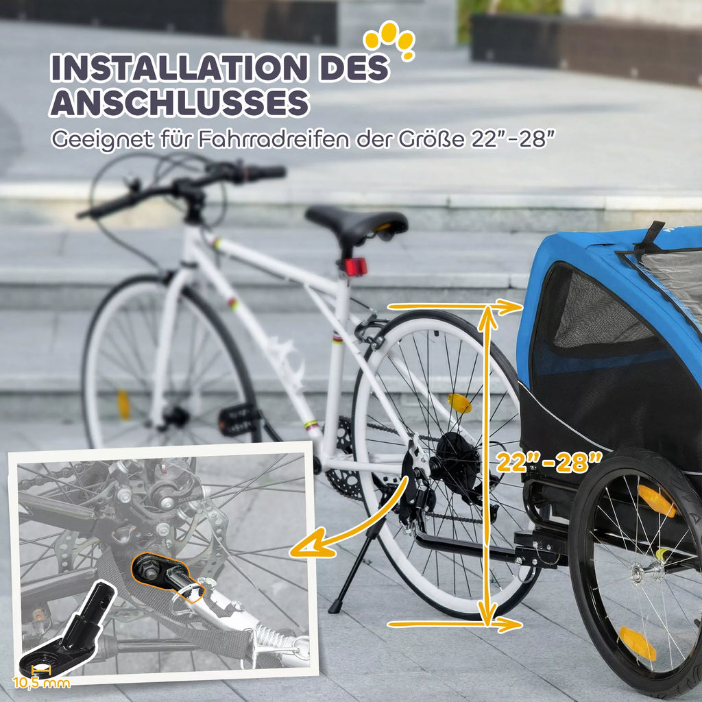 Salokāma suņu velosipēda piekabe ar atstarotājiem, sieta logiem, durtiņām un drošības karodziņu, suņiem līdz 20 kg, 138 x 70 x 89 cm, zila